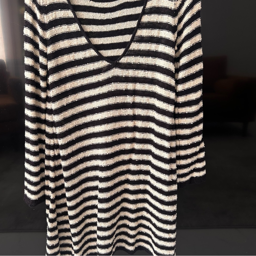 Free People Black and Cream Striped Open-Knit Sweater